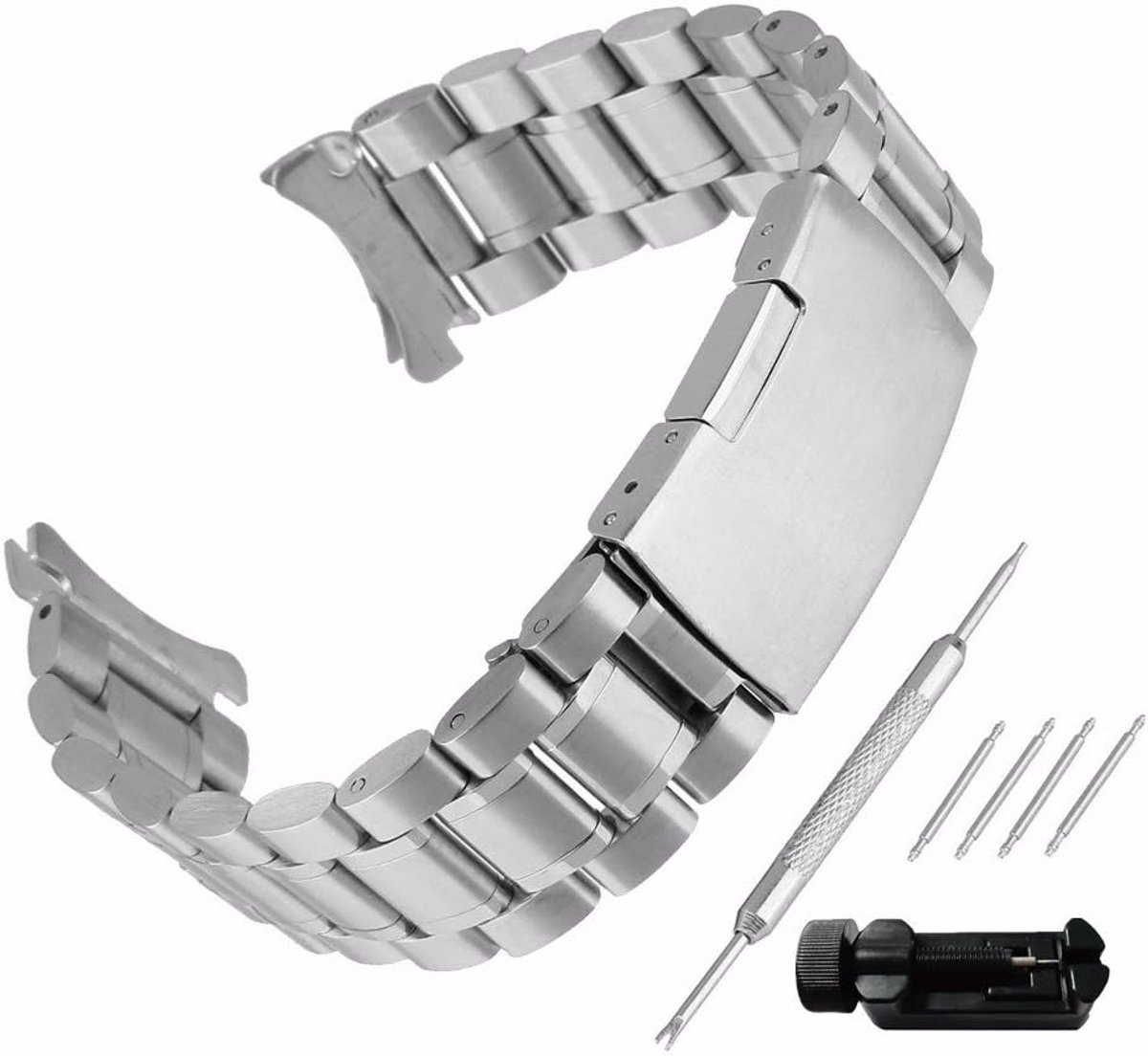 Unisex roestvrij stalen horlogeband zilver met vouwsluiting curve aanzet lengte verstelbaar met/zonder gereedschap WBL00023BDb