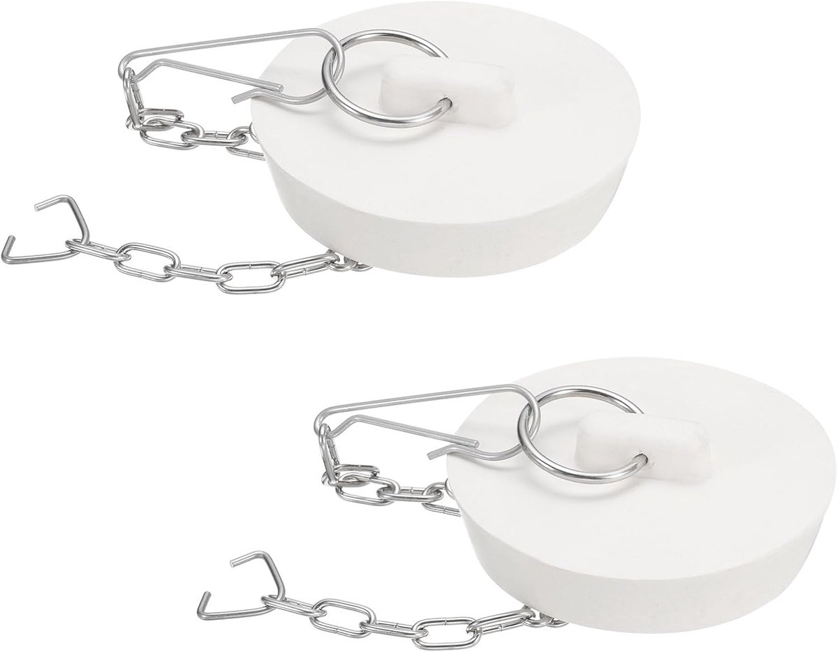 2 stuks badstoppers van rubber, 53-55 mm, voor afvoer in de keuken, afvoerstop voor badkamer met trekring en ketting van roestvrij staal, wit