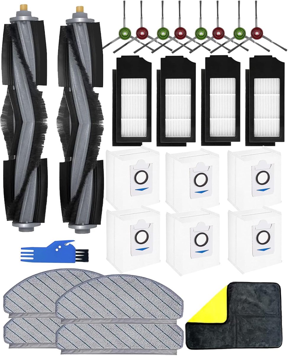 26-delige accessoireset voor Ecovacs DEEBOT X1 Plus stofzuiger, 1 x reserveonderdelen: 2 hoofdborstels, 8 zijborstels, 4 HEPA-filters, 4 reinigingsdoeken, 6 stofzuigerzakken, 1 poetsdoek