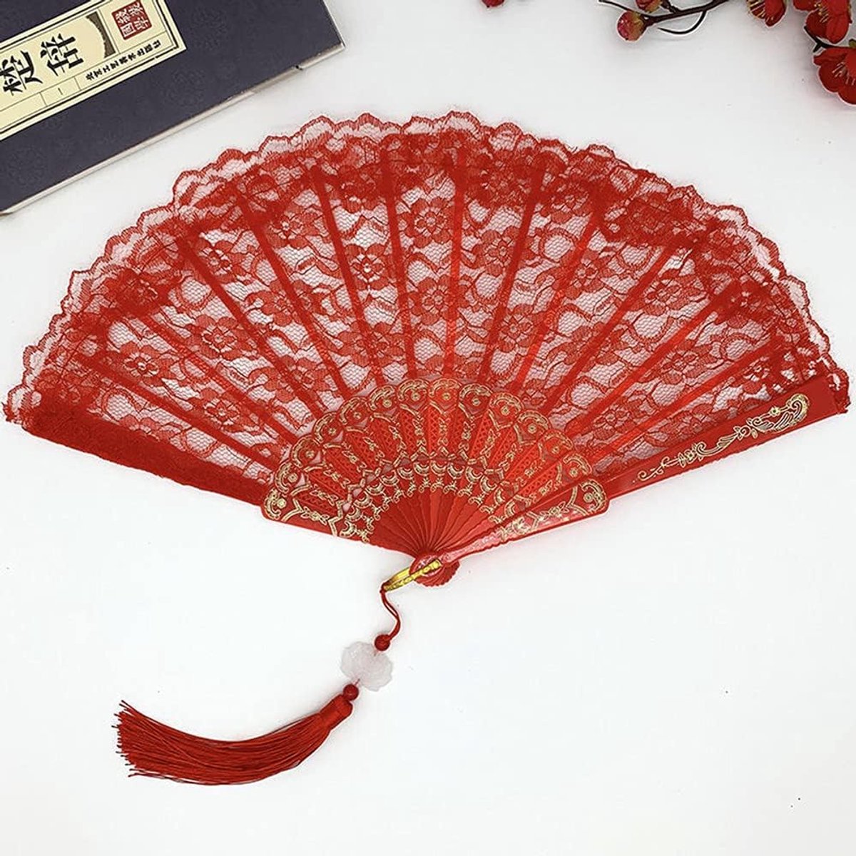 SnelShoppen - Hand Fan Kant Bruiloft Vintage Vouwfan Spaans Victoriaans voor Koeling in Zomer Bruiloften Verjaardagsfeest Halloween Carnaval Dans Rood