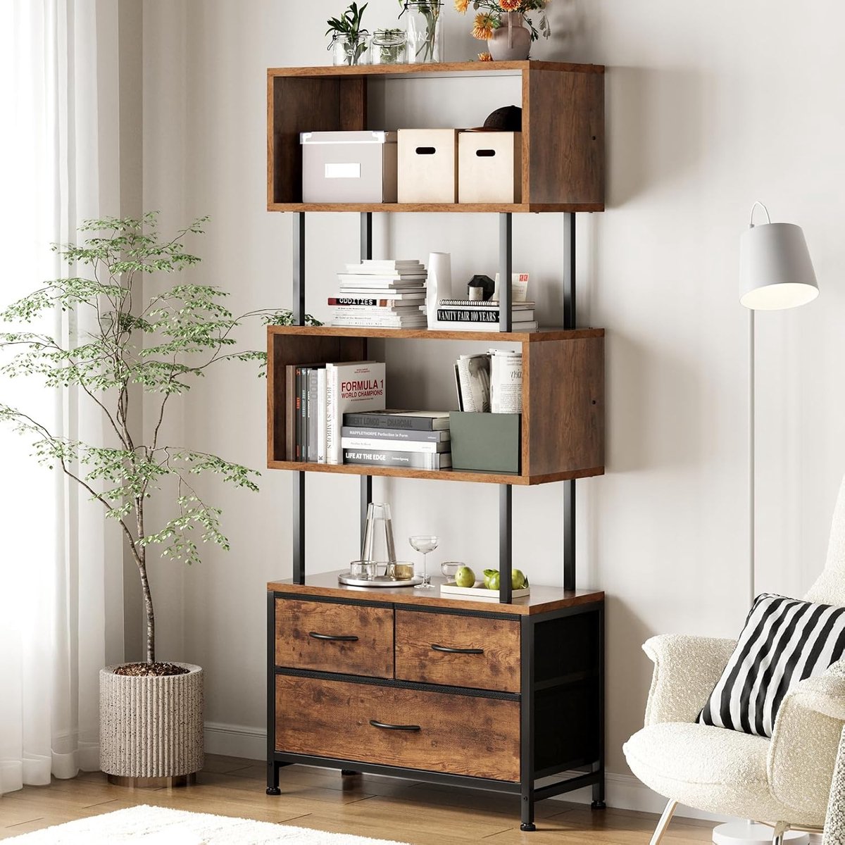 Boekenkast 5-vaks - Vintage kleuren - Inclusief 3 lades - Perfect voor slaapkamer of kantoor - ShopVlot