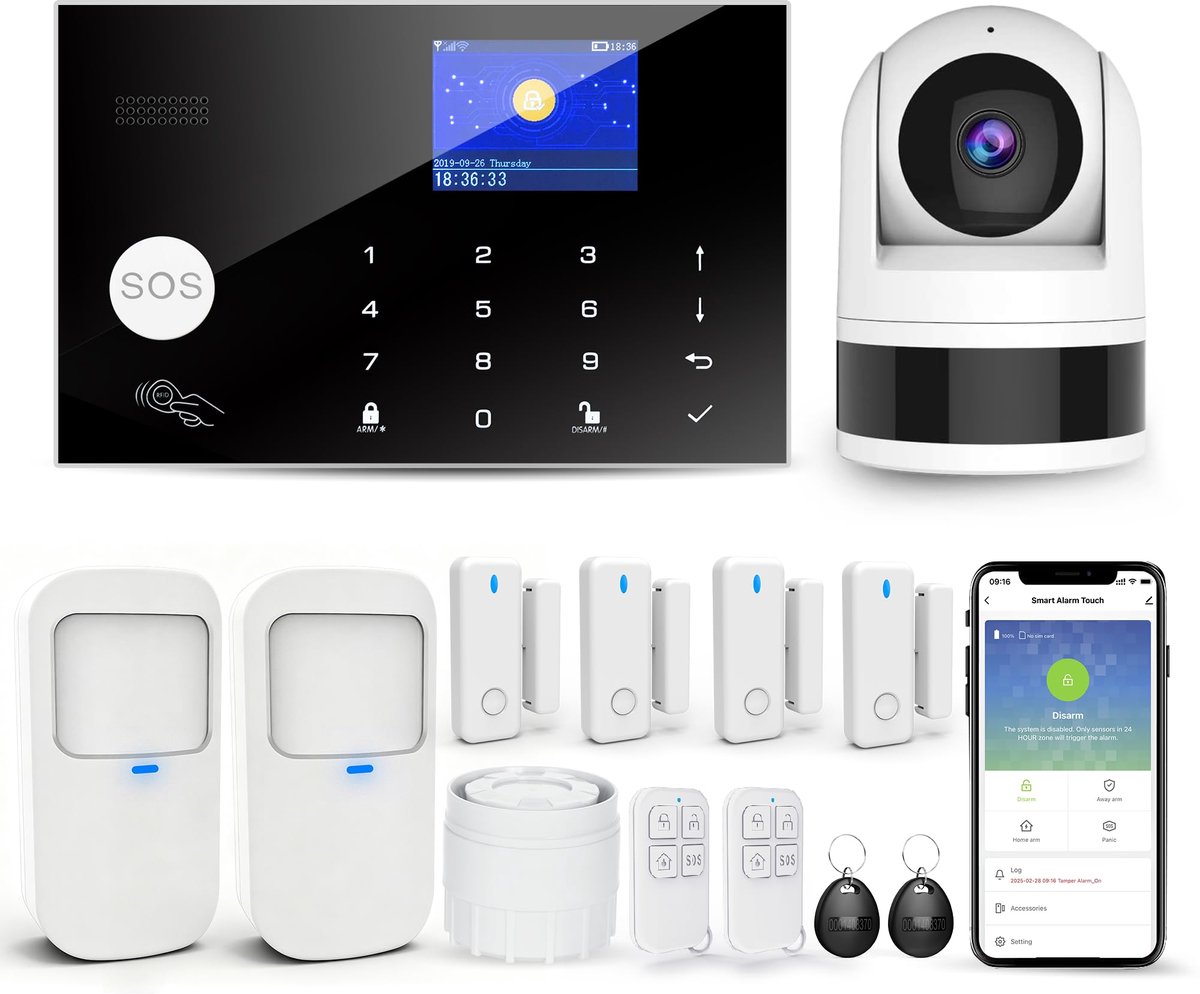 SnelShoppen - Alarminstallatie Huis met Camera, Wifi + GSM Alarm met Telefoon-App, Deur-/Raamsensor, Afstandsbediening, 13 Stuks voor Woningbeveiligin