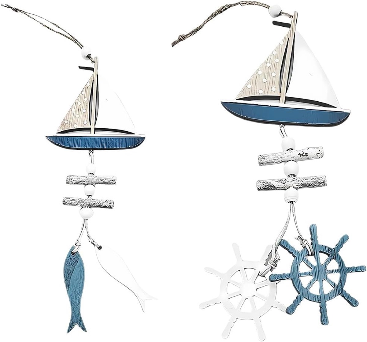 SnelShoppen - 2-delige hangdecoratie met zeilboot, stuurwiel en anker van hout - maritieme versiering voor het huis - stijlvolle wanddecoratie voor bi