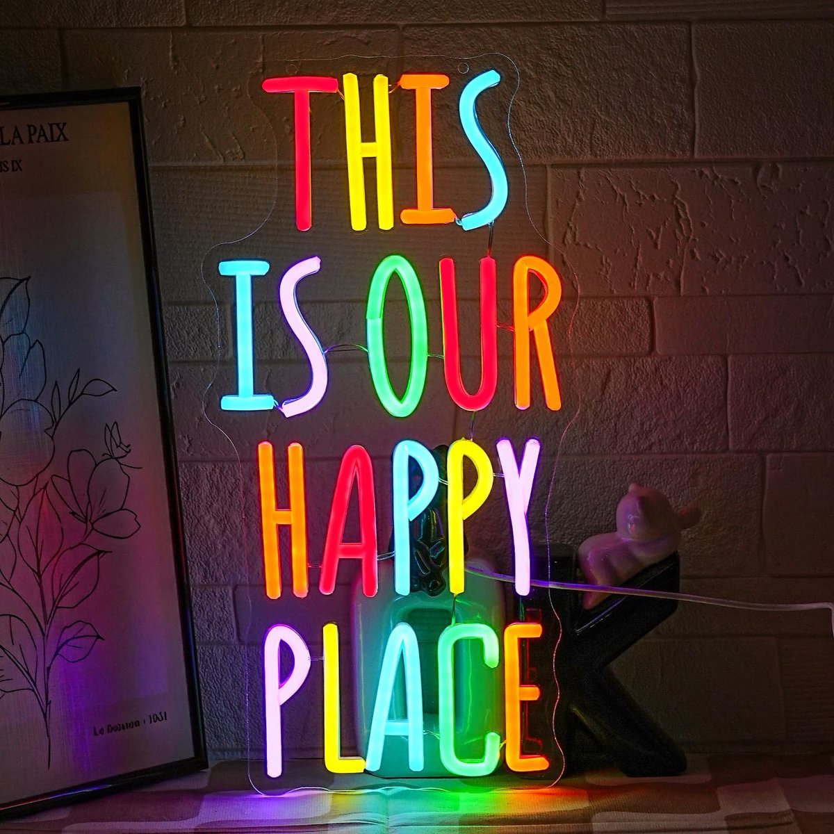 Neon lichtsignaal Happy Place 40cm - kleurrijke letters - wanddecoratie - motiverende woorden - ShopVlot