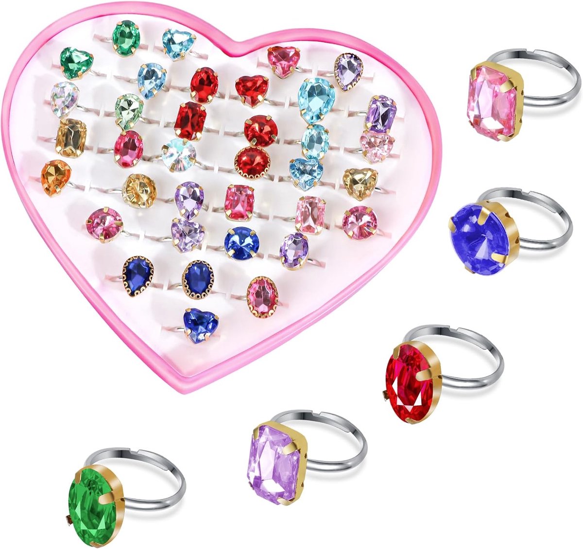 Ringen voor meisjes, 36 stuks, verstelbare ringen, prinsessensieraden, om mee te spelen, als cadeau voor meisjes, feestcadeau, verjaardag, willekeurige stijl, Kunststof, Geen edelsteen