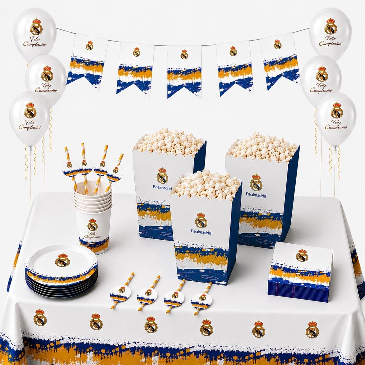 Verjaardagsset Real Madrid voor 8 Personen - Compleet met Tafelkleed, Borden, Bekers, Ballonnen en Meer - ShopVlot