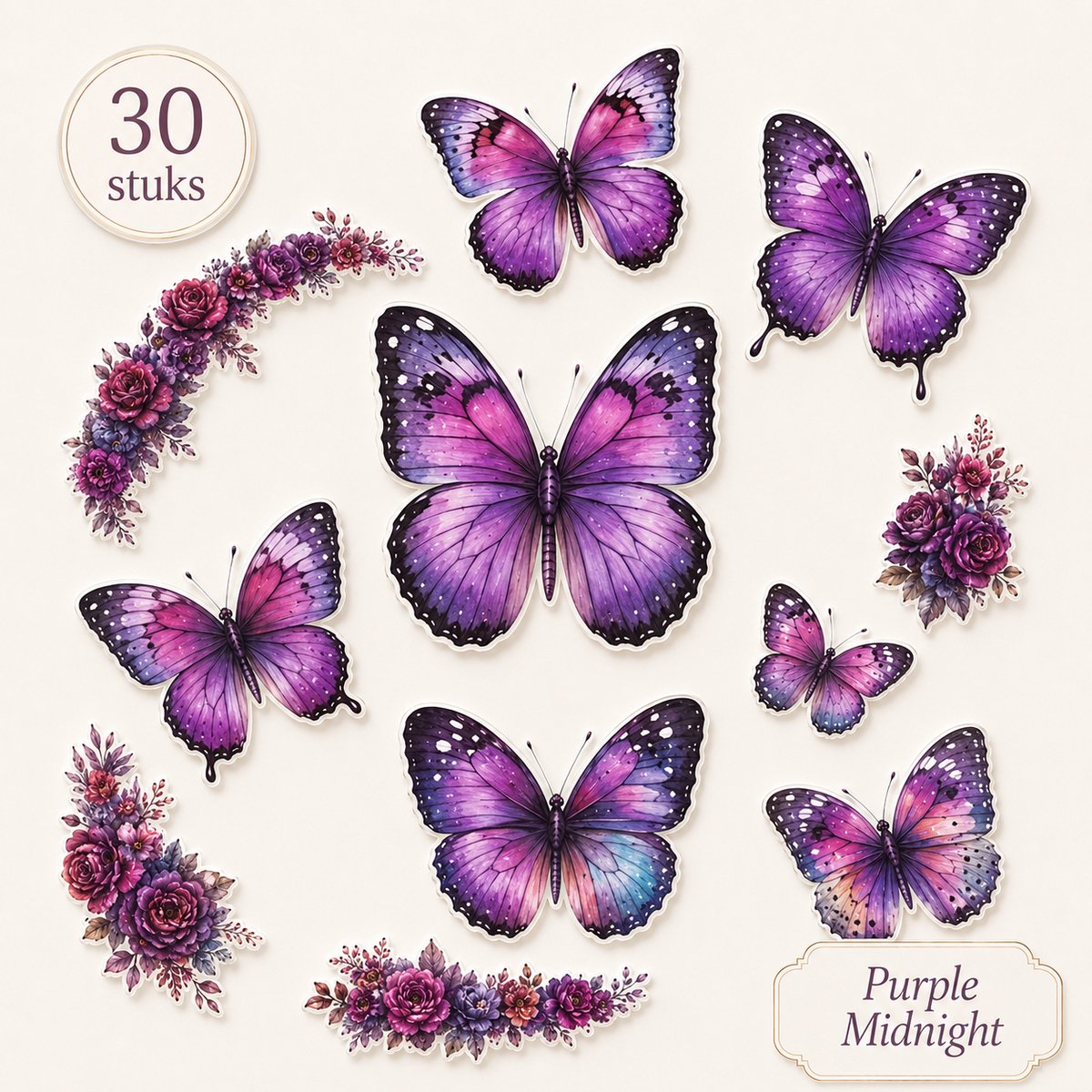 Purple Midnight Vlinders stickers 30 stuks - Paars blauw - Journaling