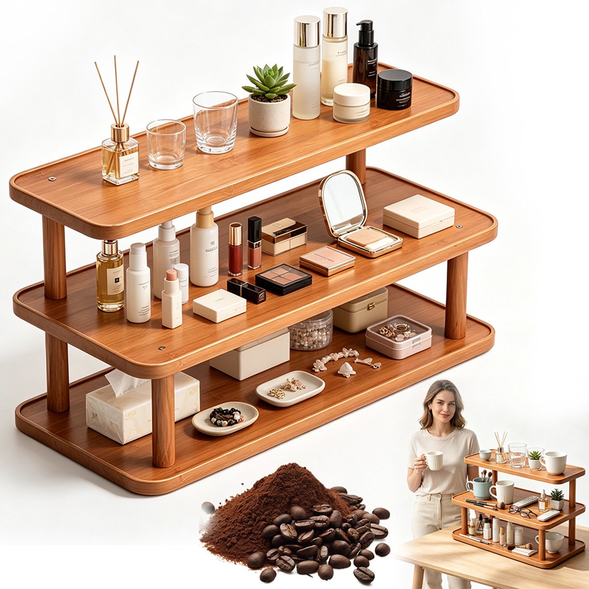 Houten Bureauplank 3 Niveaus - Tafelplank - 50cm Open Opbergrek - Massief Hout & Ventilerend - Verhoogd Frame & Vochtwerend - Geen Boren Nodig - Voor Koffiehoek, Kantoor & Decoratie
