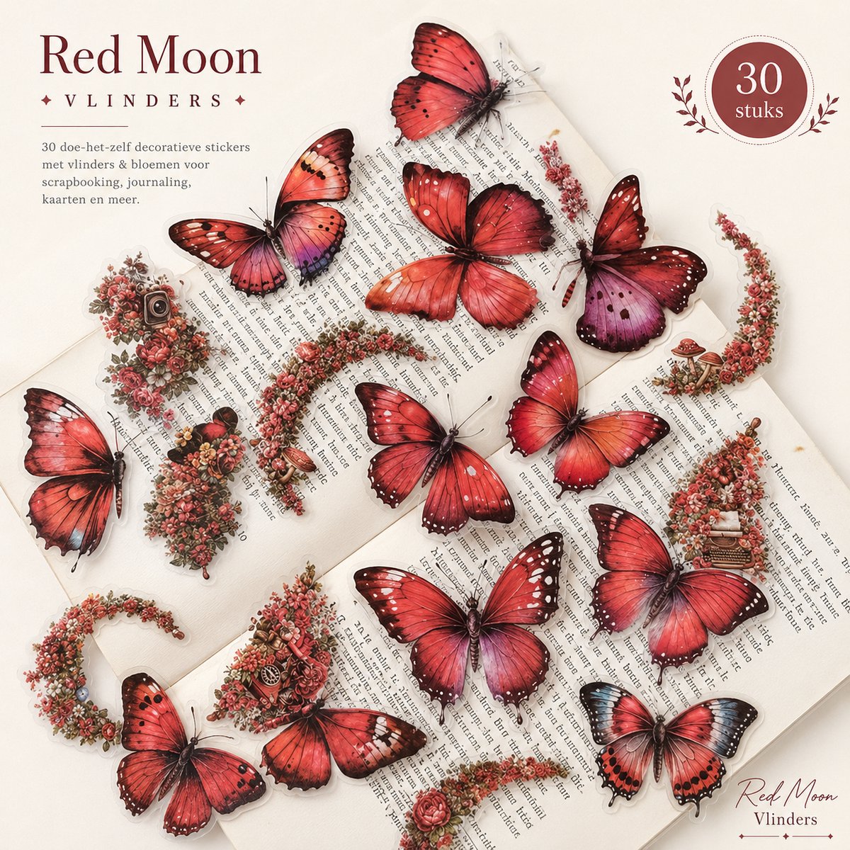 Red Moon Vlinders stickers - 30 stuks rood - Journaling