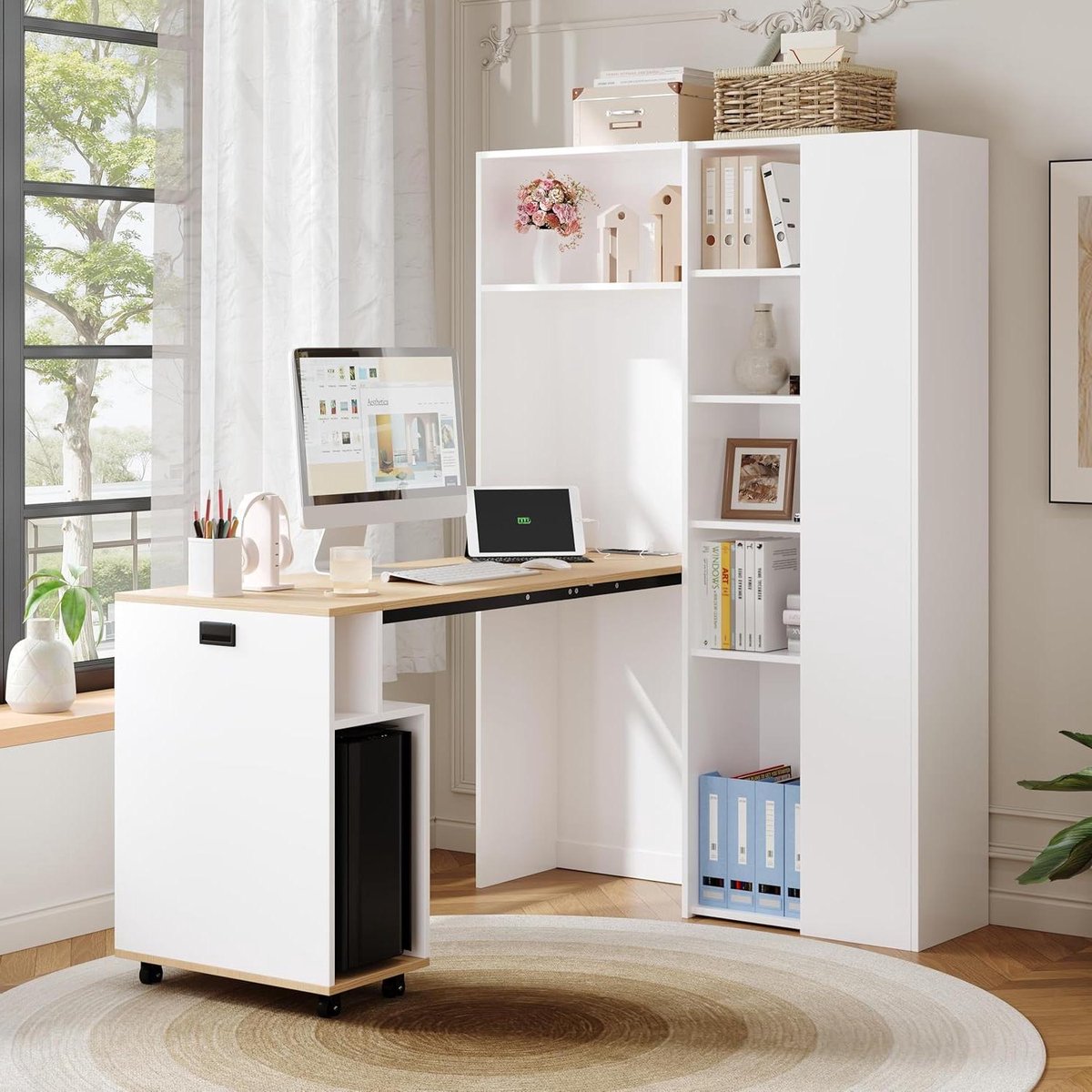 Inklapbaar Bureau - Boekenkast Bureau - Thuiswerken - 2-in-1 Design - 104.5x30.5x160cm - Wit
