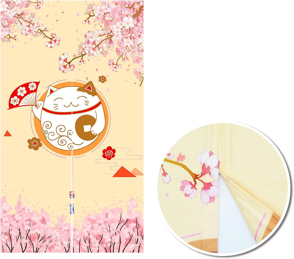 SnelShoppen - Japans Stijl Noren Gordijn met Gelukskat en Kersenbloesem, Dikke Deur Gordijn voor Thuisdecoratie, 85 x 150 cm, Dubbelzijdig Bedrukt