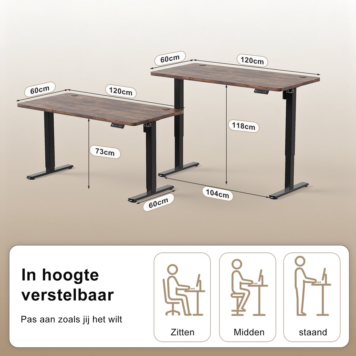 Devoko Elektrisch Verstelbaar Zit-Sta Bureau 120x60 cm Breed – Hoogte 73–118 cm – 2 Geheugenstanden, Zit-Herinnering, LED-Display en USB – Draagvermogen 70 kg – Vintagebruin thumbnail 2