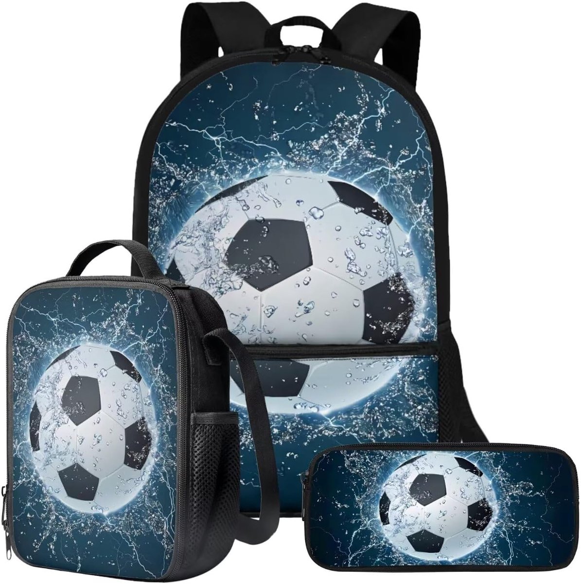 Bobypet Schooltas Jongens - Rugzak Set 3-Delig met Voetbal Print - Ergonomische Boekentas met Etui en Schoudertas - Zwart en Groen