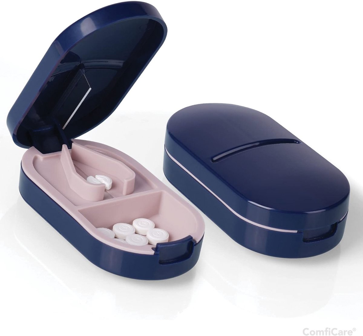 ComfiCare® Pillensnijder - Pillensnijder kleine pillen – Pillensnijder voor harde pillen - Pillendoosje klein – Pillendoos met pillensnijder - Pillen snijder - Pillensplijter – Pill cutter - Donkerblauw