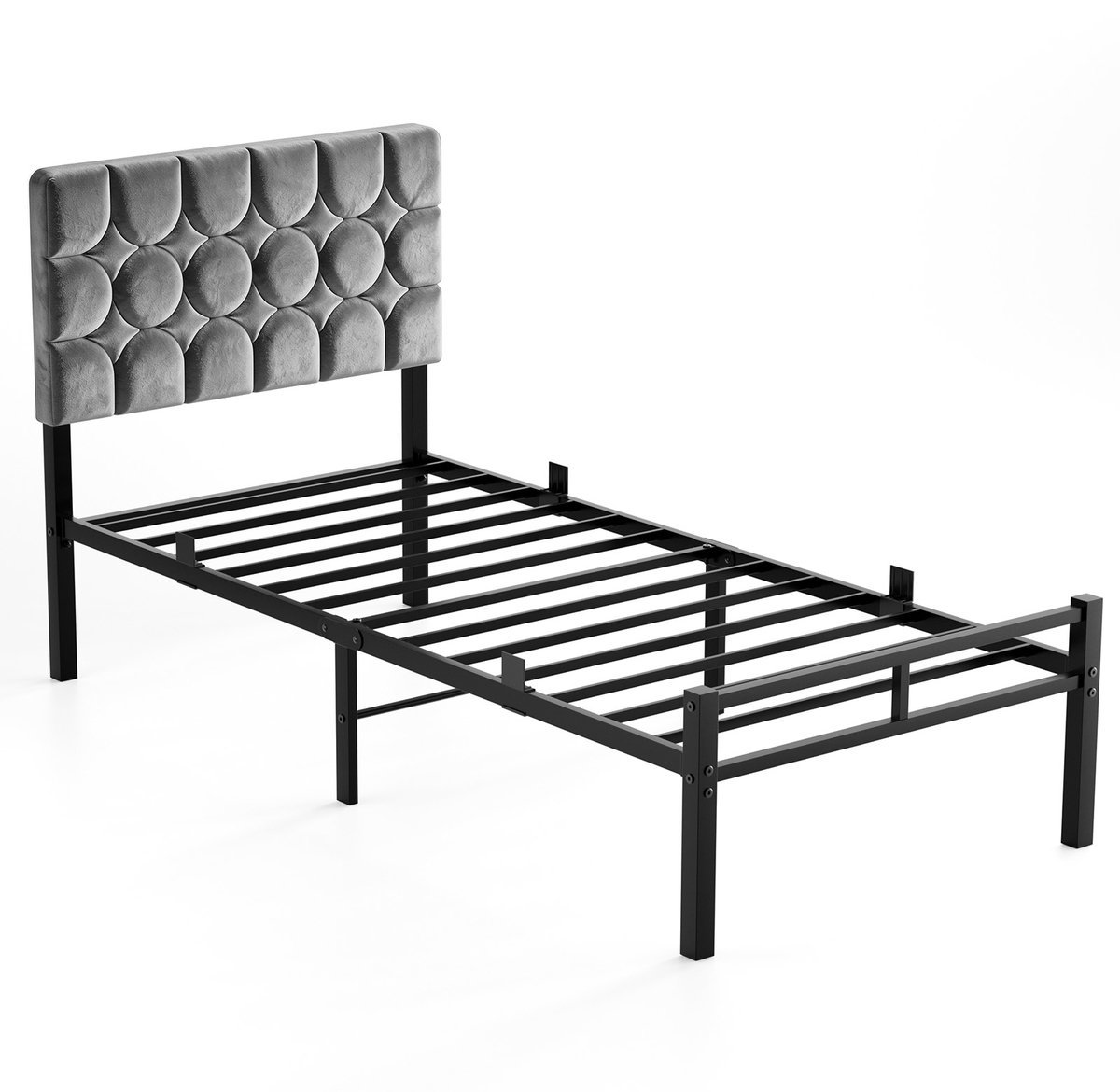 KUTAS Eenpersoonsbed 90 x 200 cm - Gestoffeerd Bedframe - Metalen Lattenbodem - 32 cm Opbergruimte - Grijs
