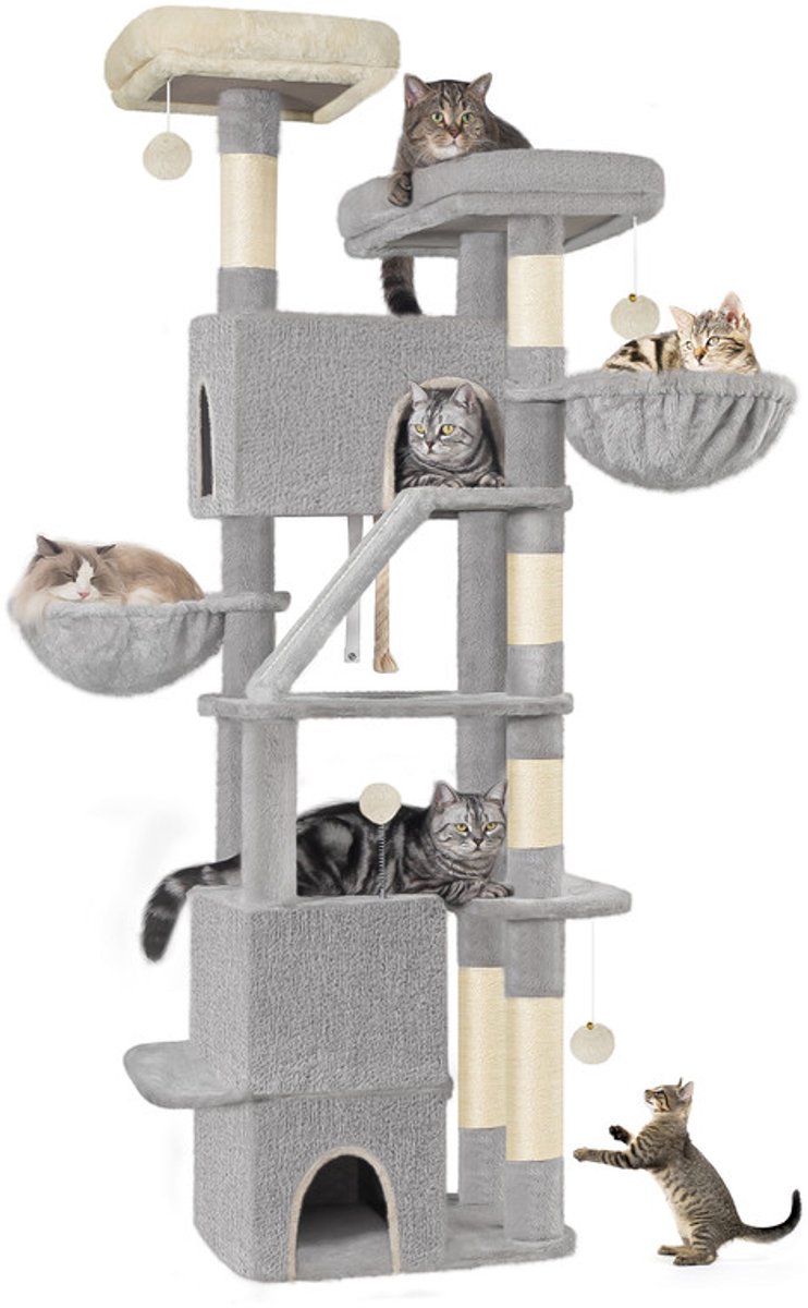 Hzuaneri 185cm Krabpaal groot, XXL kattenboom, kattentoren voor maine-kat, grote kat, 7-traps krabpaal, kattenboom met 3 holtes, 6 krabbomen, Lichtgrijs