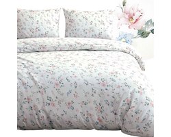 Darymex Satynlove Dekbedovertrek 160x200 cm - Wit - Subtiele Pastelbloemen & Botanisch Motief - 100% Katoen-Satijn (120 g/m²) - Twijfelaar - Met Ritssluiting - OEKO-TEX® - Met 2 Kussenslopen 70x80 cm