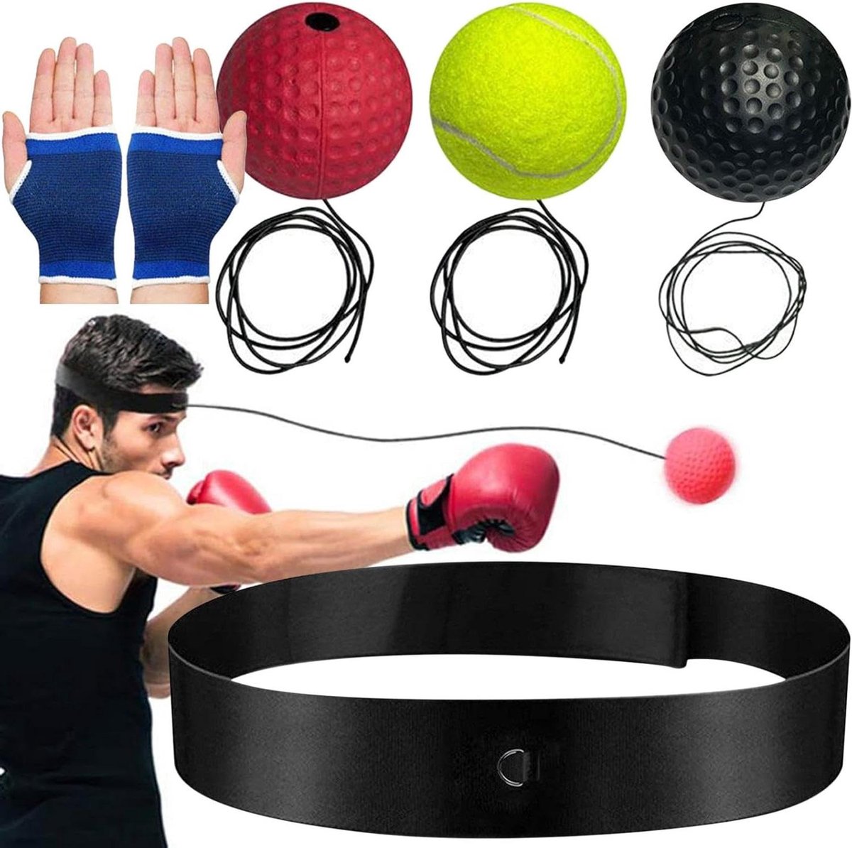 Reflexbal Bokstraining - Boksbal Hoofdband - Coördinatie Verbeteren - Verstelbare Hoofdband - 23.5 x 11.4 x 8.1 cm - Zwart