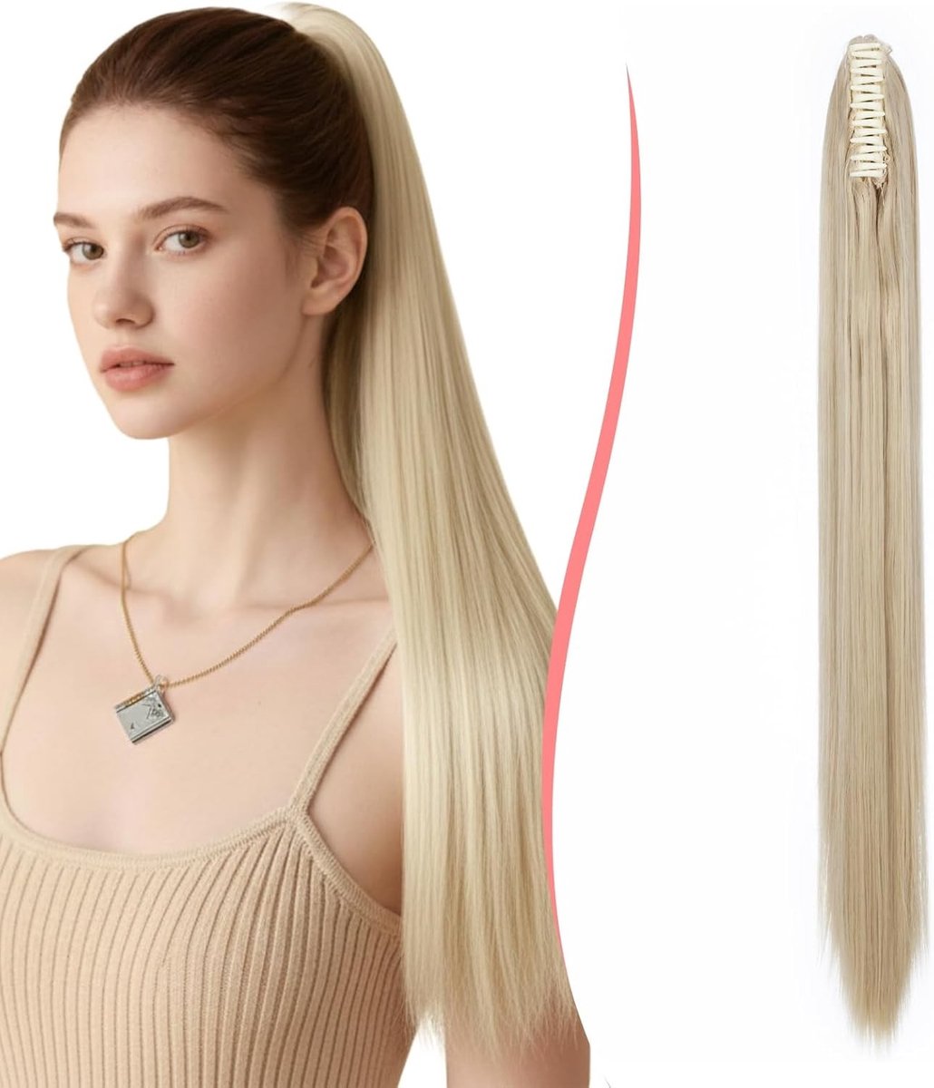 Lang Rechte Ponytail Extension van Synthetisch Haar voor Vrouwen - 66 cm, 165 g, Asblond met Blondering, Perfect voor Feestjes en Dagelijks Gebruik