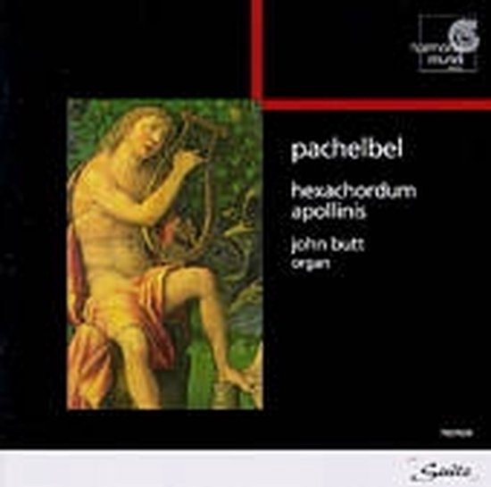Rechts zittende, geklede man met een harp. Titel: Pachelbel Hexachordum Apollinis John Butt organ.