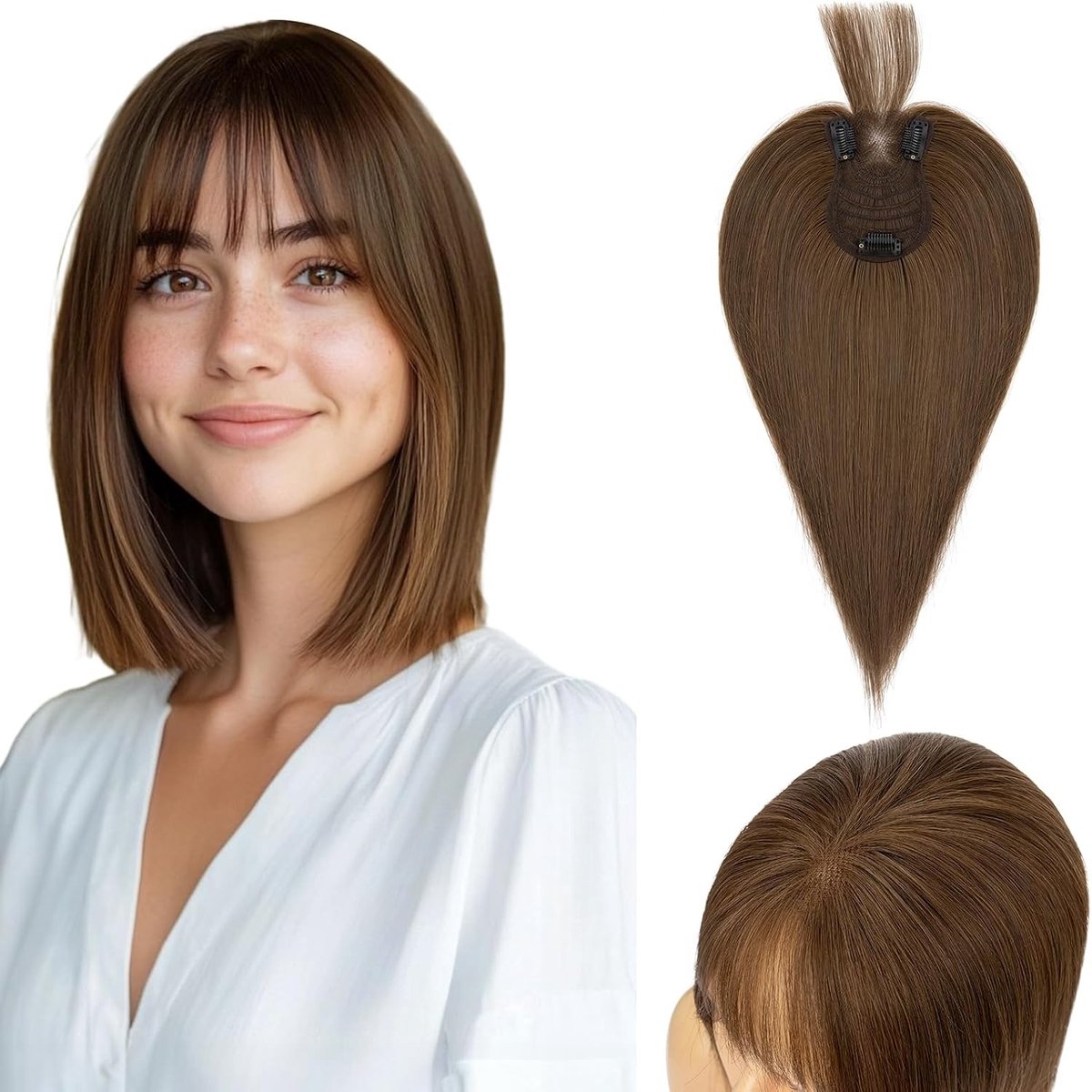 Natuurlijke Clip-in Haarstuk voor Vrouwen, 27g Echte Haar Pony, Handgeweven Basis, Ideaal voor Dun Haar, Medium Bruin, 25CM Lengte