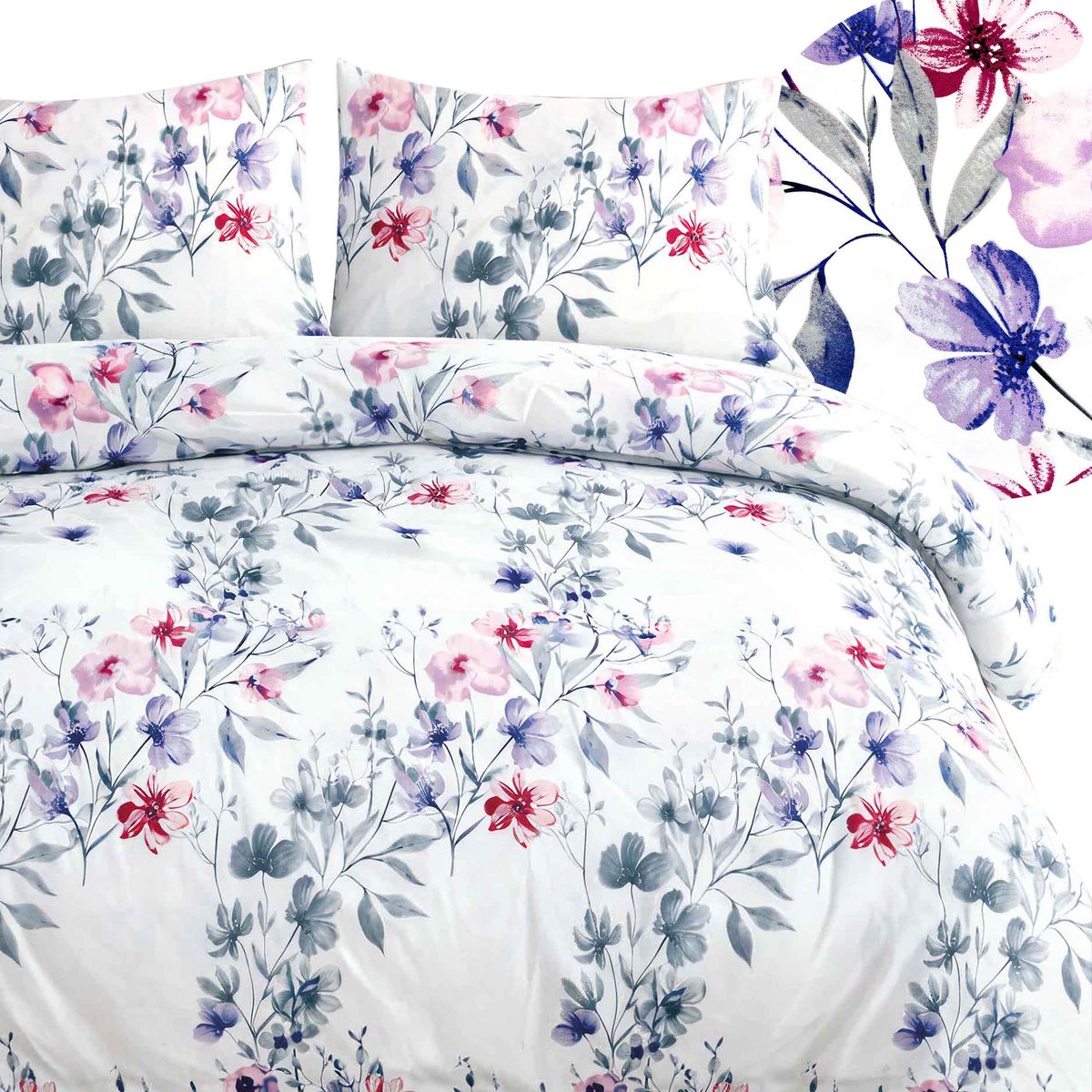 Darymex Satynlove Dekbedovertrek 220x200 cm - Paars / Grijs - Rozen & Bloemenboeket - 100% Katoen-Satijn (120 g/m²) - Lits-Jumeaux - Met Ritssluiting - OEKO-TEX® - Met 2 Kussenslopen 70x80 cm