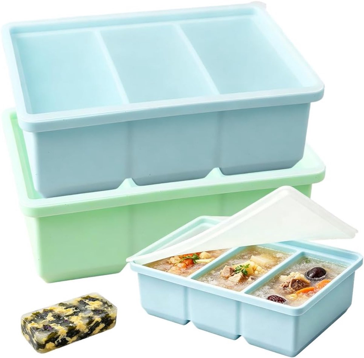 SnelShoppen - 2 Stuks Siliconen Vriesbakje met Deksel, Blauw en Groen, Dubbele Kamer 330ml, Ideaal voor Keuken, Vriezer, Maaltijdvoorbereiding, Portio