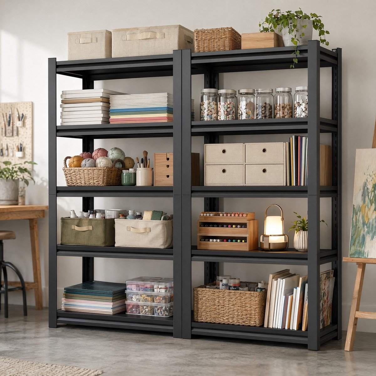 REDOM - Stellingkast - Zwaar belastbaar - Verstelbare legplanken - Open ontwerp - Industriële stijl - Garage, kelder, werkplaats, berging - Metaal - Zwart - 183 x 90 x 40 cm