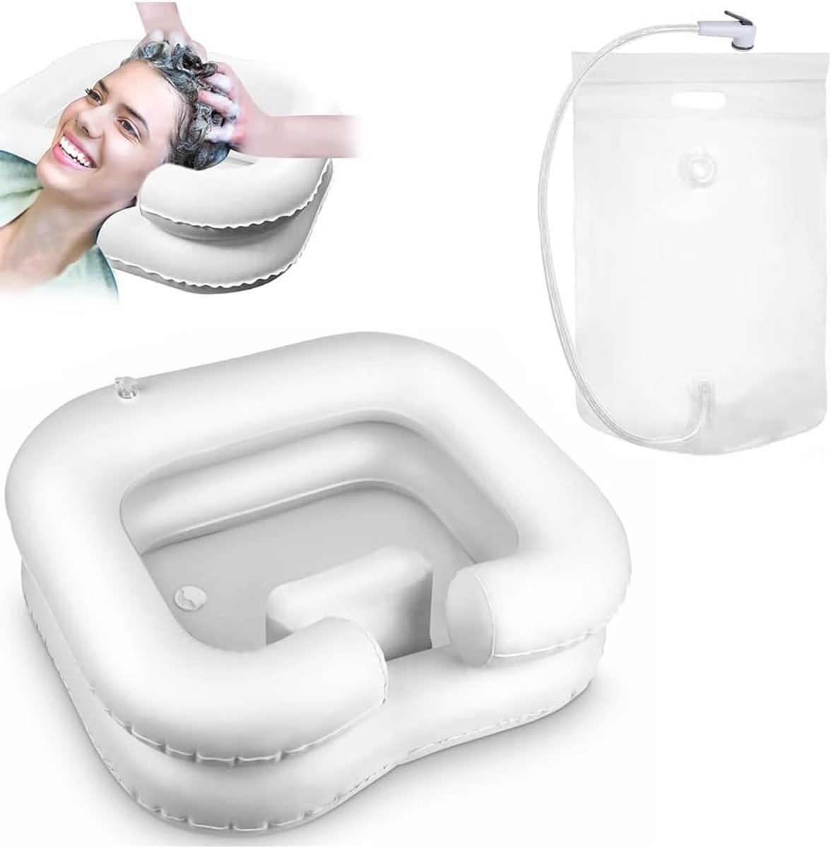 Haarwastafel opblaasbaar - hoogwaardig pvc - met afvoerslang en douchekop - haren wassen in bed - ShopVlot