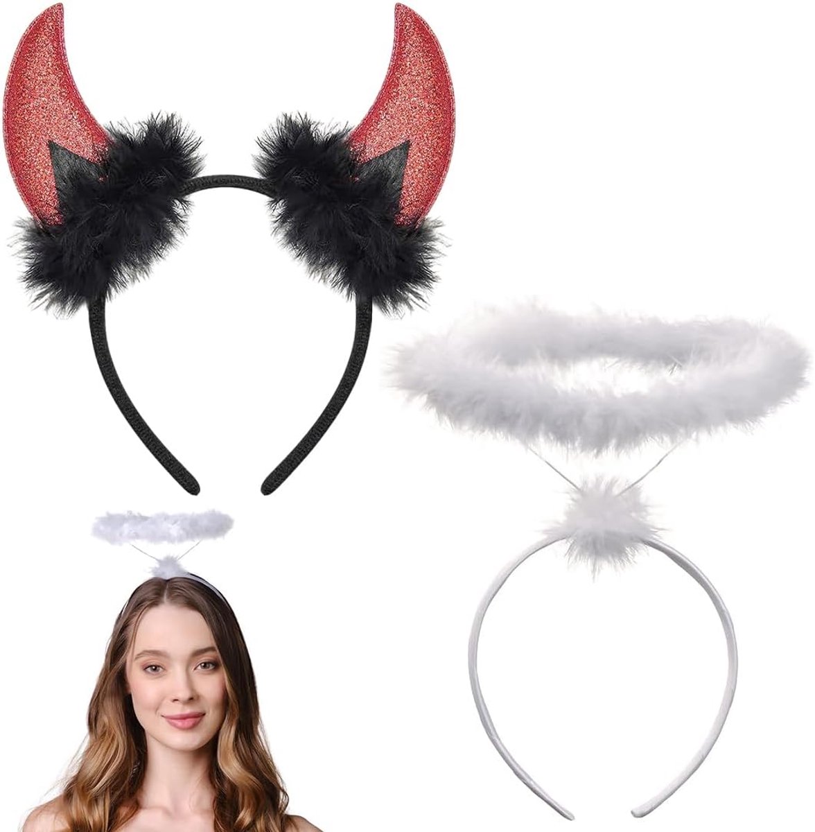 Haarband met duivelshoorns en engelenkop - witte veren - voor kostuumfeest en carnaval - ShopVlot