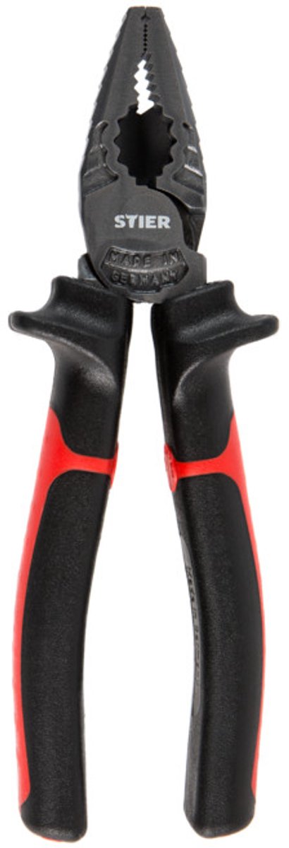 STIER power combitang, lengte 180 mm, vierkant, Multifunctionele grijptang, klemtang, buigtang, kniptang, geïntegreerde ringsleutel, 2-componenten handgreep