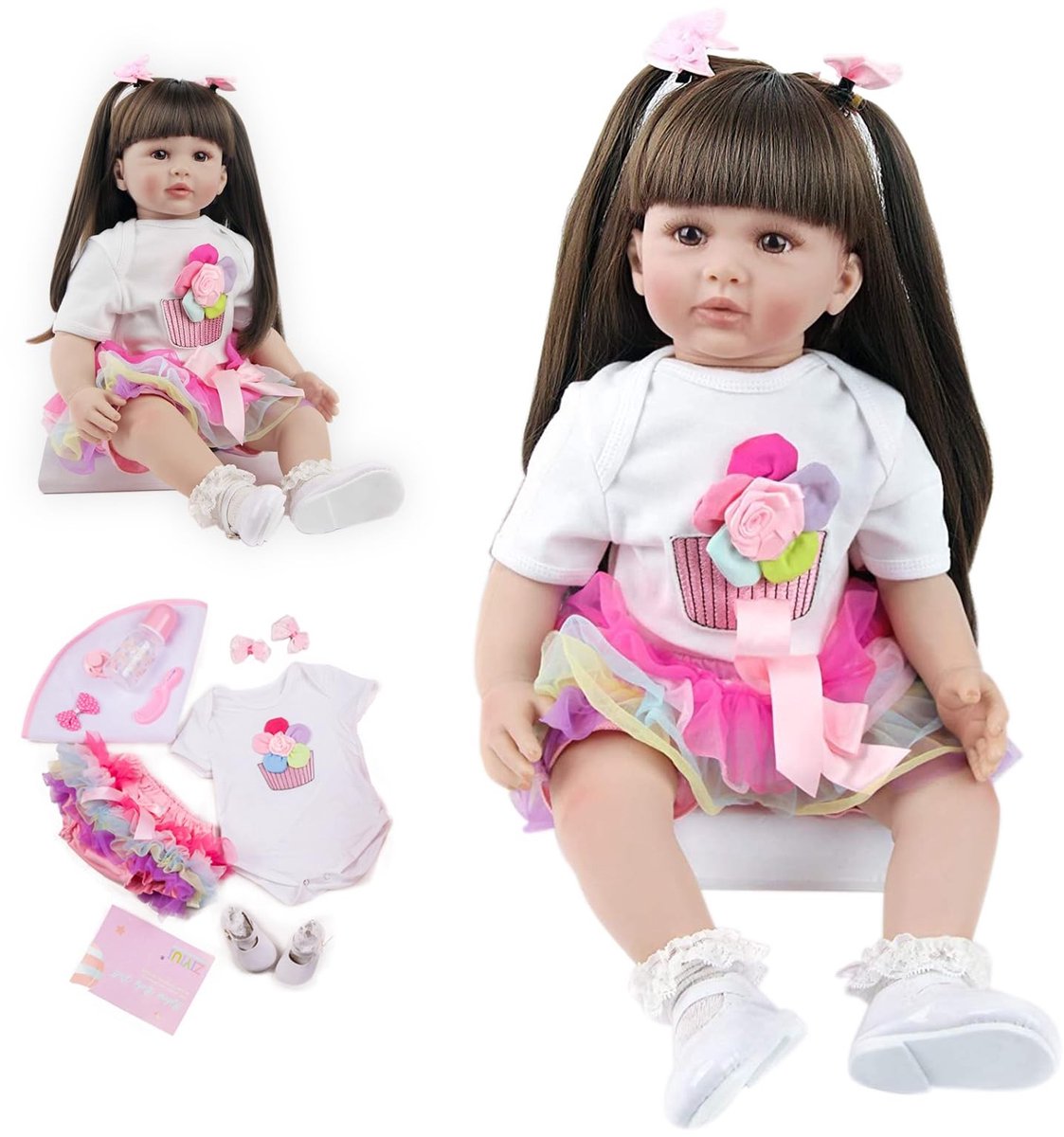 Omgoods - 60 cm Reborn Baby Doll met Lange Haar en Zachte Silicone Lichaam