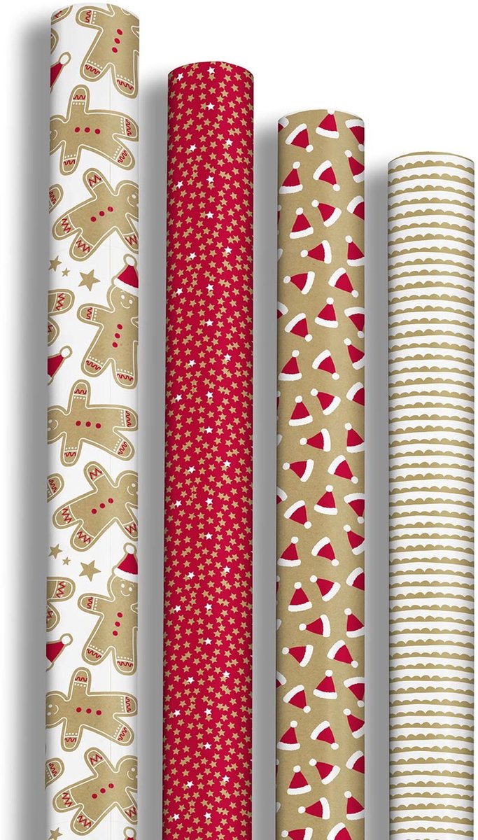 Omgoods - Cadeaupapier Set van 12 Rollen met Kerstmotieven