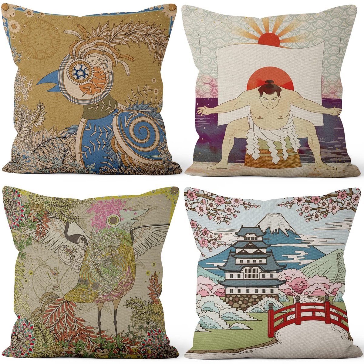 Omgoods - Set van 4 Kussenhoezen met Japanse Stijl 46x46cm