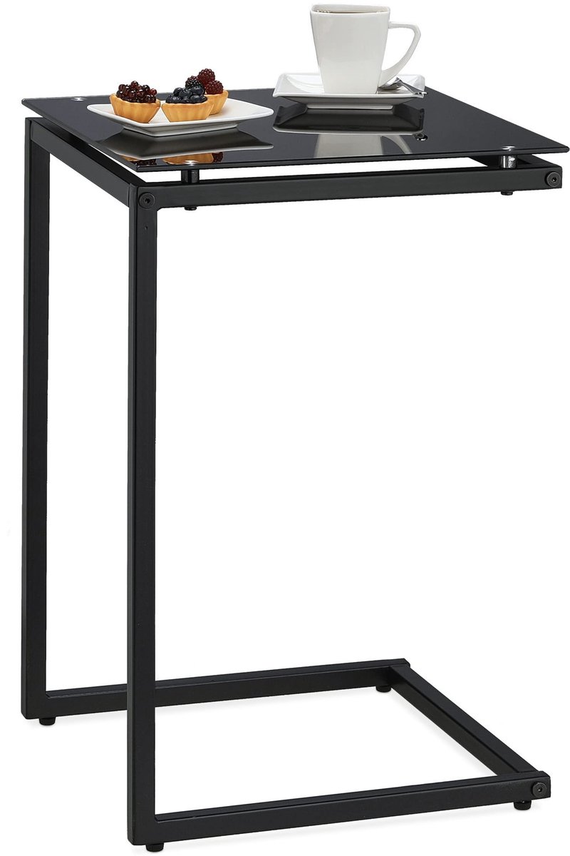 Omgoods - C-vormige Bijzettafel van Metaal en Glas, Zwart