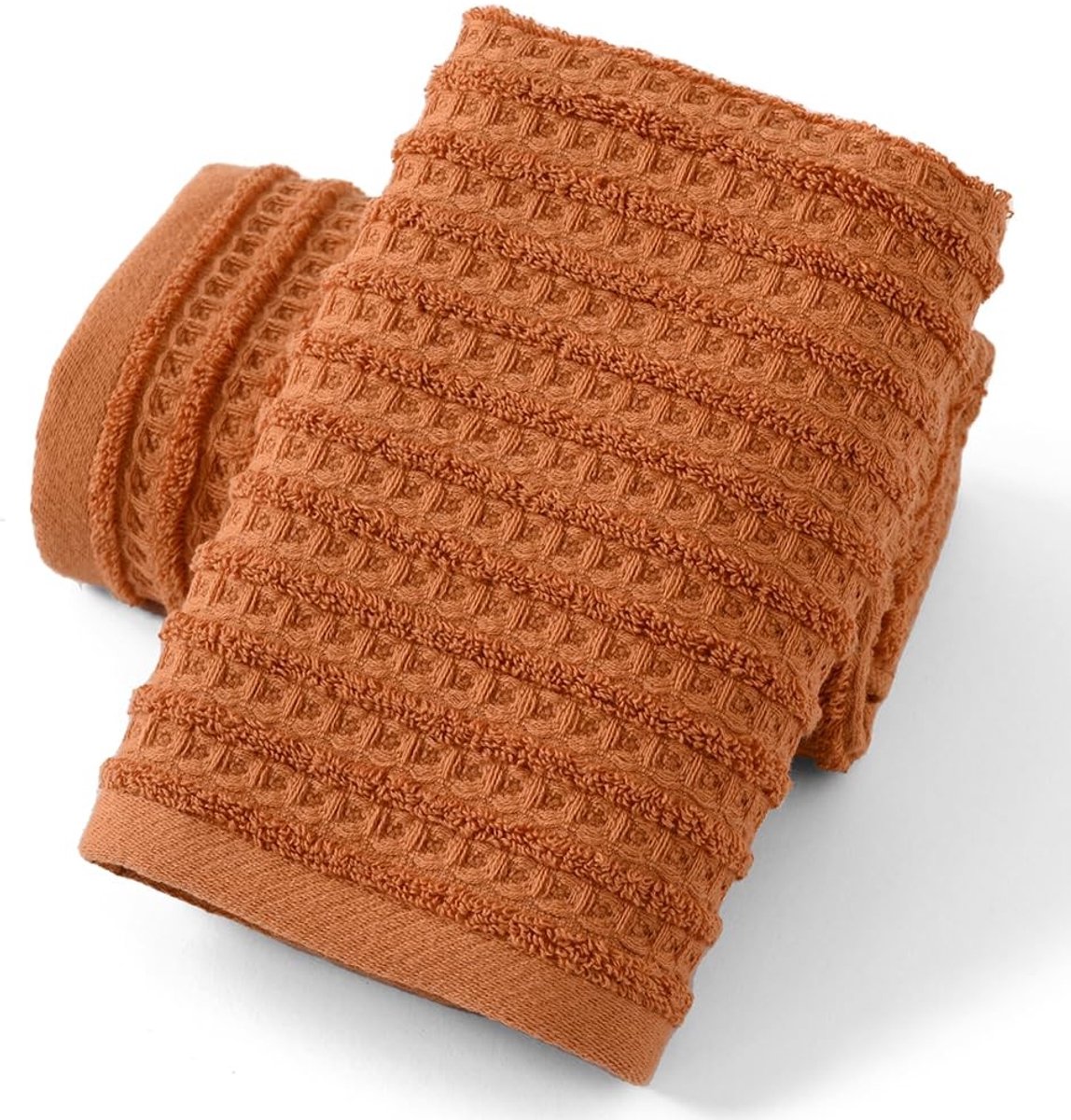 Omgoods - Wafel Handdoek met Badstof Streep - 2 Stuks - Koraal Oranje - 30x65cm