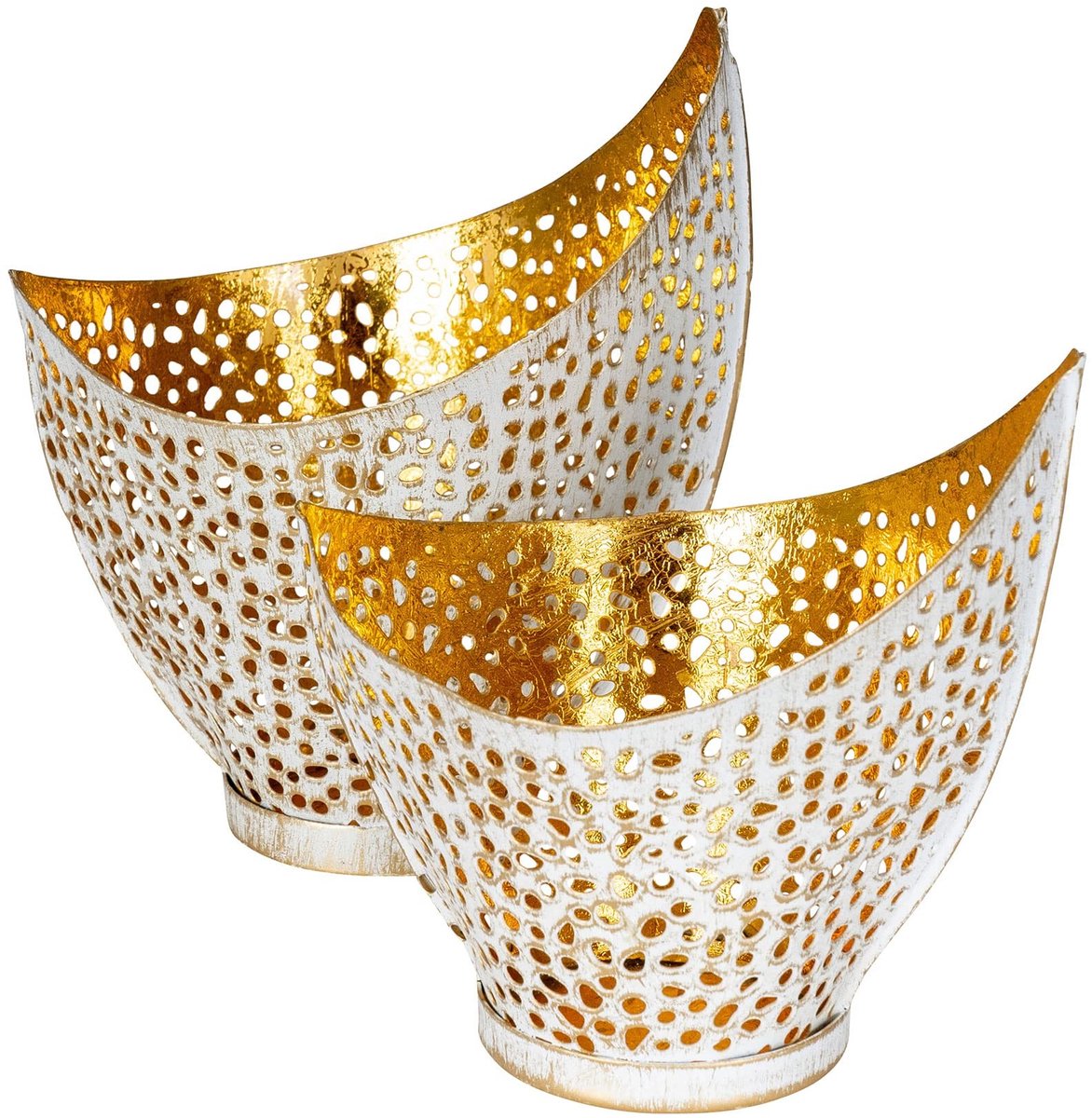 Omgoods - Set van 2 Moderne Theelichthouders in Metaal met Wit-Gouden Design