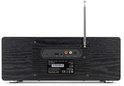Achterkant van de zwarte Audizio radio met houtnerf, met USB, AUX IN, LINE OUT en DC IN 9V.