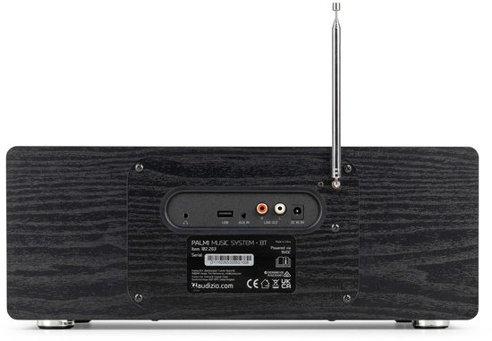 Achterkant van de zwarte Audizio radio met houtnerf, met USB, AUX IN, LINE OUT en DC IN 9V.