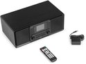 Zwart Audizio radio met houtnerf, cd-speler, scherm, afstandsbediening en adapter.