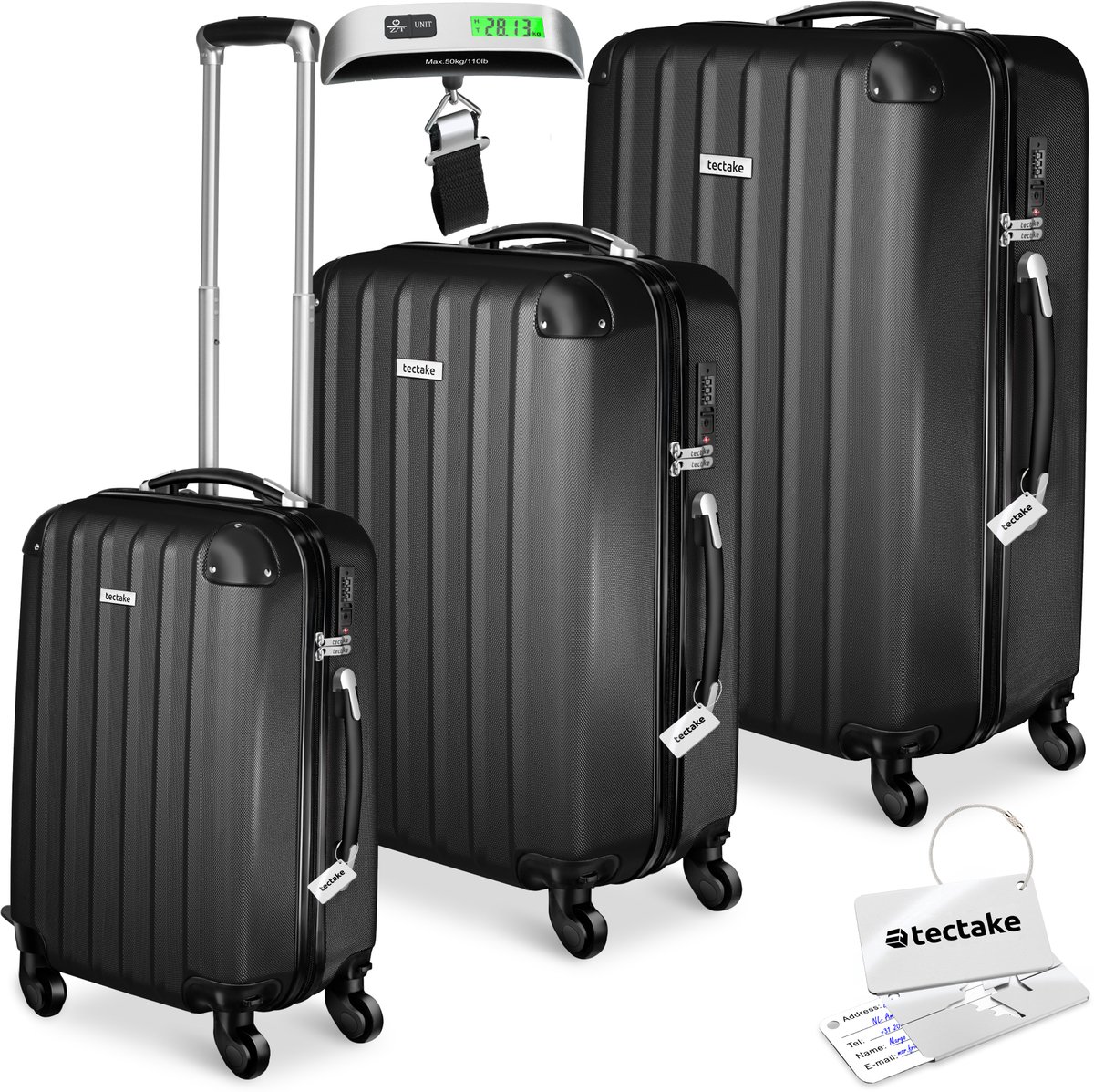 tectake® 3-Delige Kofferset - Koffers van ABS met Harde Schaal - Inclusief Weegschaal en Bagagelabels - TSA Cijferslot - Bagage Set met Handbagage Koffer (37L) en Ruimbagage Grote Koffer (58L & 93L) - Reiskoffer - Zwart
