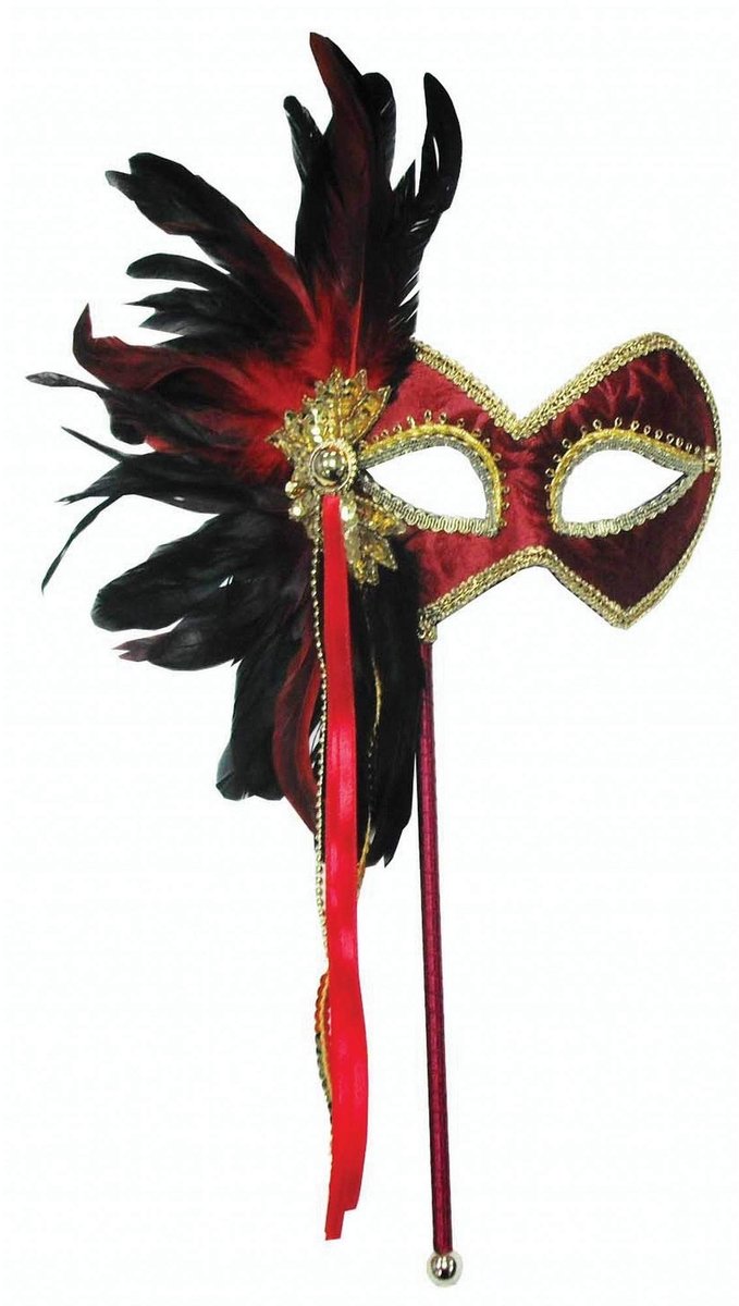 Omgoods - Rood & Gouden Masker met Veer voor Feest en Carnaval