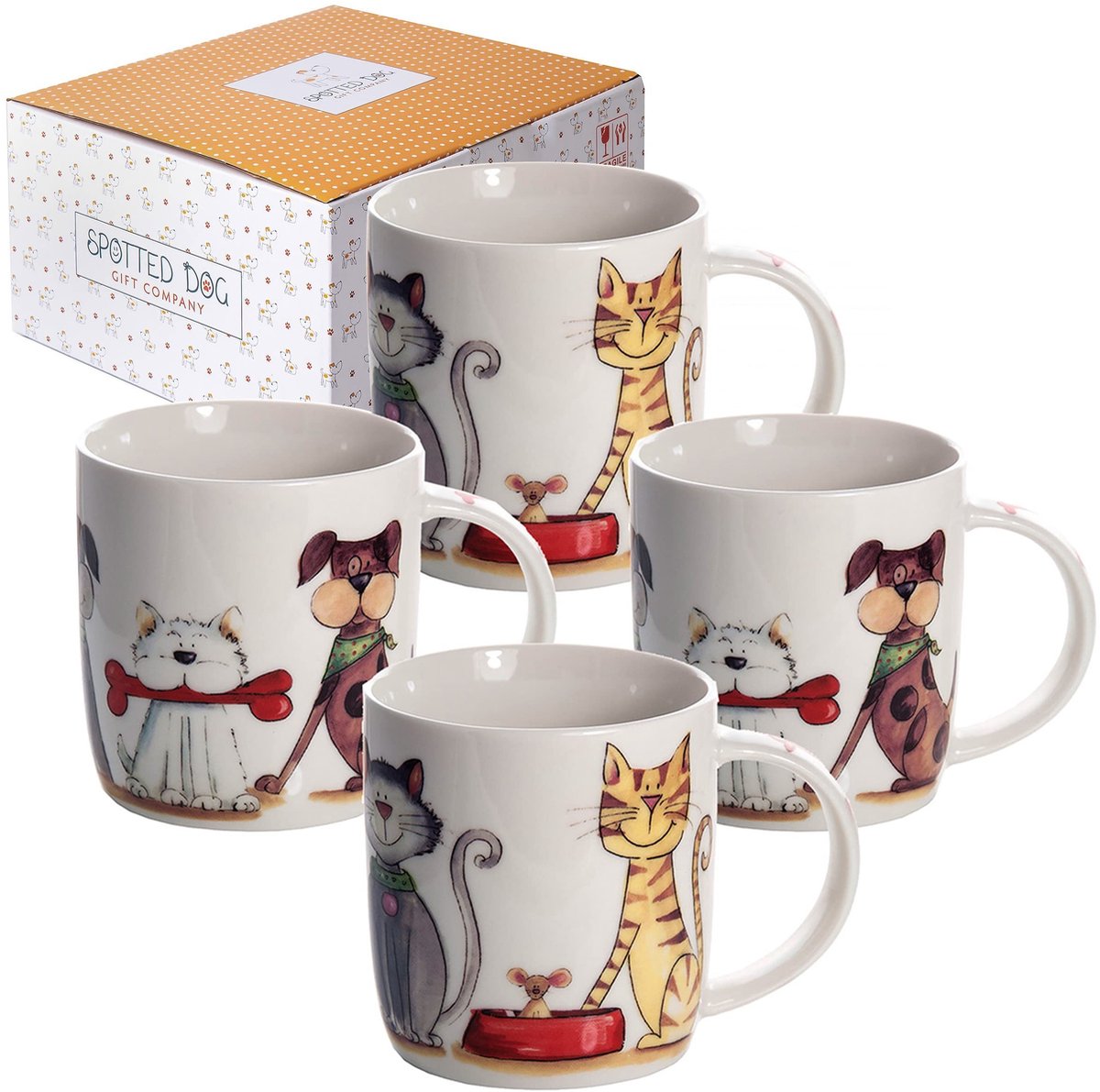 Omgoods - Set van 4 Keramische Mokken met Katten- en Hond Motief 350ml