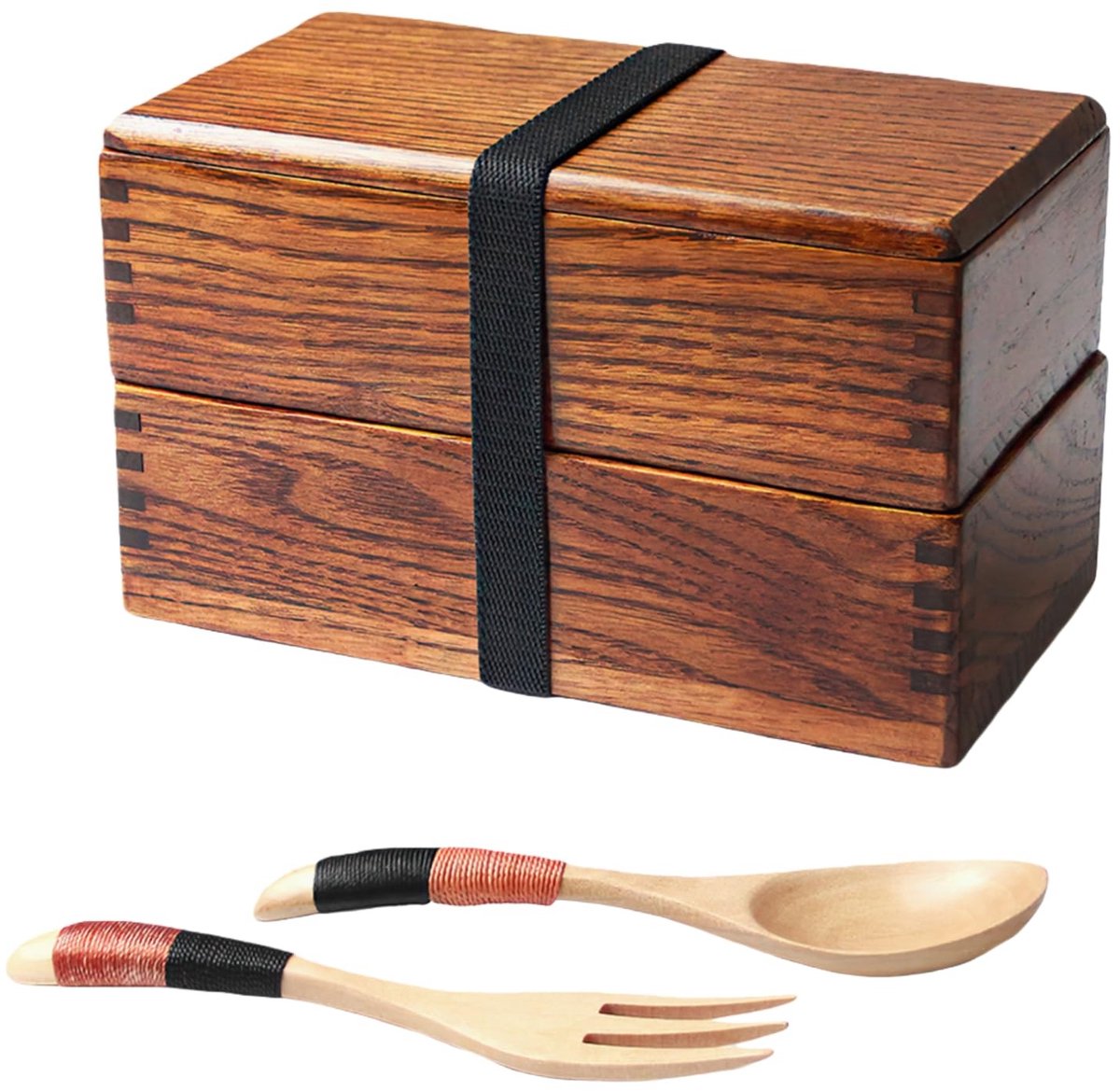 Omgoods- Bento Lunchbox - Dubbellaags - Houten - Natuurlijke kleur - Inclusief lepel/vork - Duurzaam materiaal - Geschikt voor school/reizen