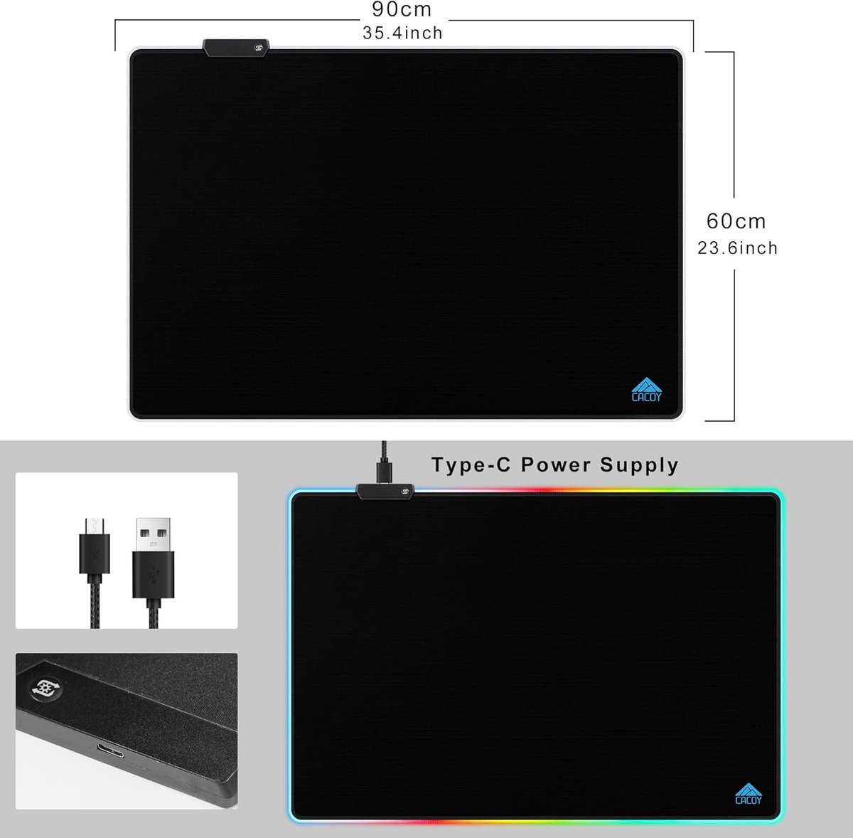 SnelShoppen - Cacoy RGB-muismat XXL 900 x 600 mm met 9 LED-lichteffecten, antislip rubberen basis, premium grote muismat voor gaming, zwart, anti-rafe