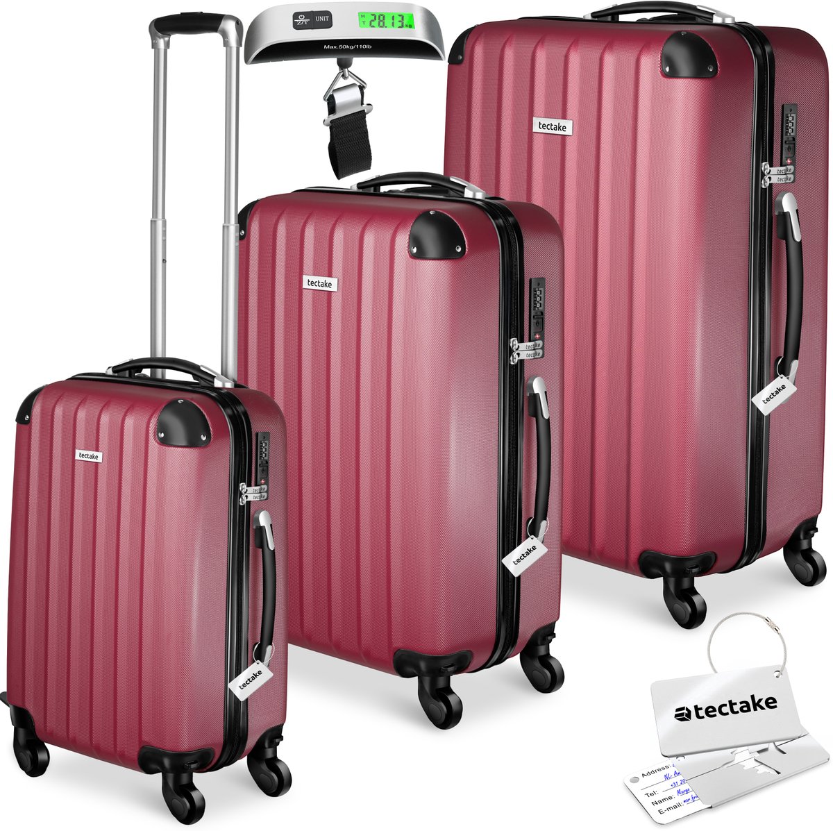 tectake® 3-Delige Kofferset - Koffers van ABS met Harde Schaal - Inclusief Weegschaal en Bagagelabels - TSA Cijferslot - Bagage Set met Handbagage Koffer (37L) en Ruimbagage Grote Koffer (58L & 93L) - Reiskoffer - Rood