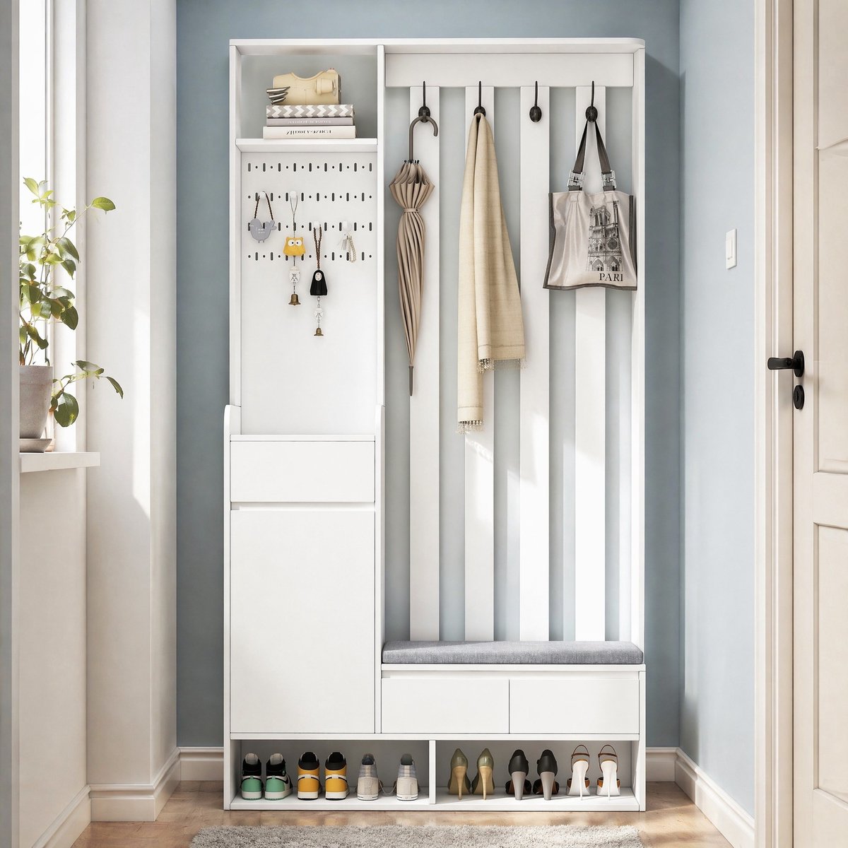 COVREO Halmeubel 100x35x180 cm wit, MDF met zitbank en 4 haken