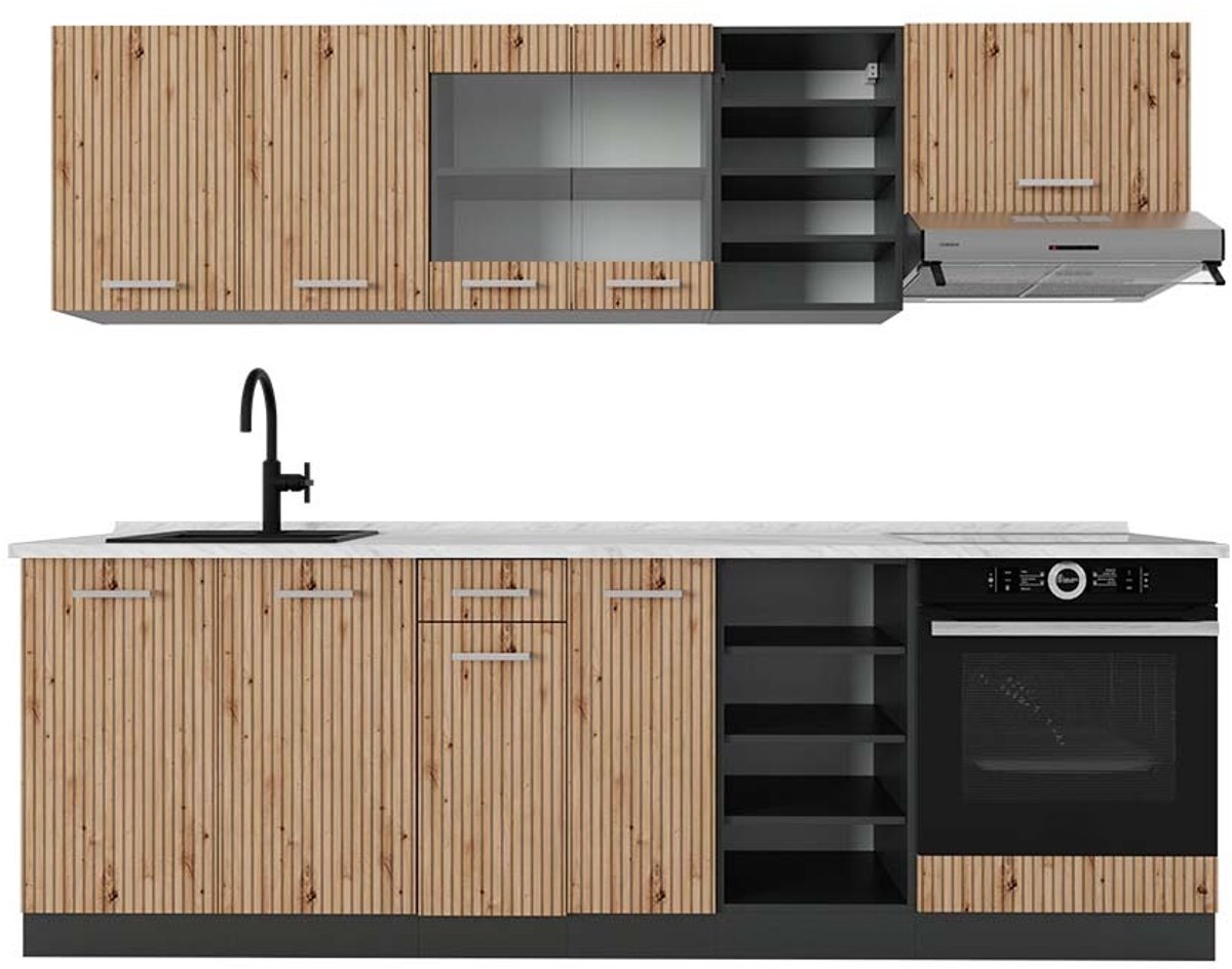 Vicco R-Line Complete keukeneenheid – 240 cm, WB Marmer Artisanaal eiken/antraciet