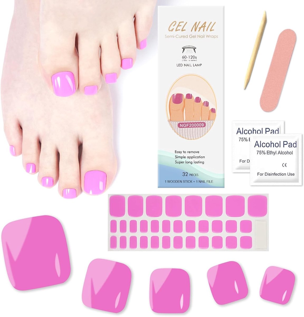 Set van 32 Zelfklevende Gel Nagelstickers voor Voeten en Vingernagels - Nagelkunst Decoratie in Roze Rood voor Creatieve Manicure en Pedicure