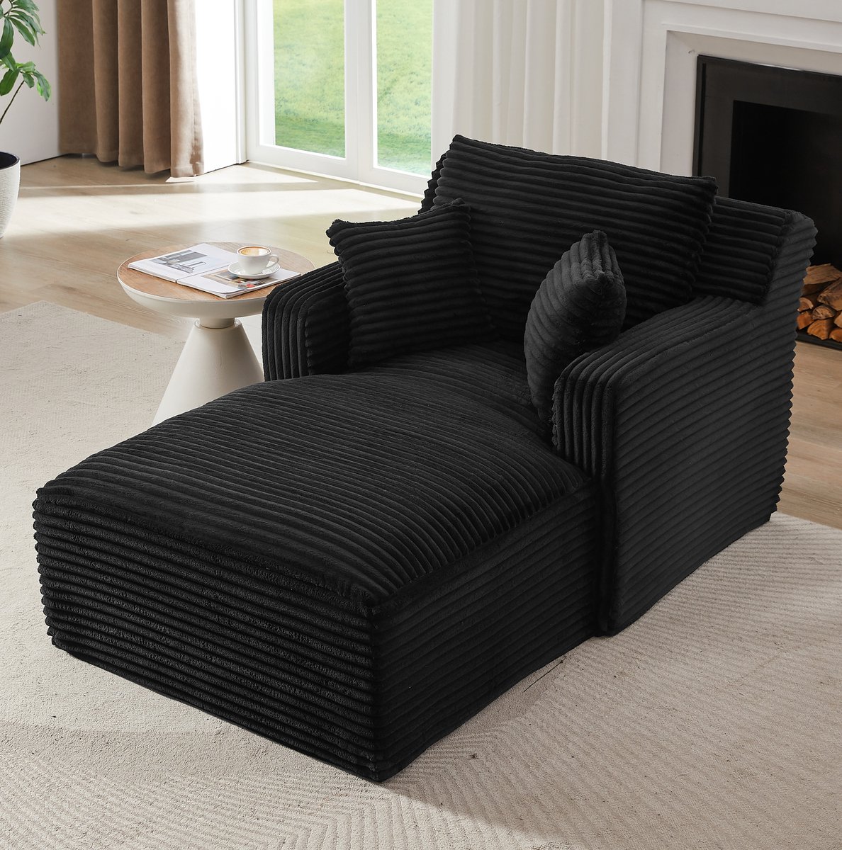 MODENUIT Chaise Longue 166 x 100 x 82 cm - 1-Zits Relaxstoel en Slaapsofa - Woonkamer - Ribstof Zwart